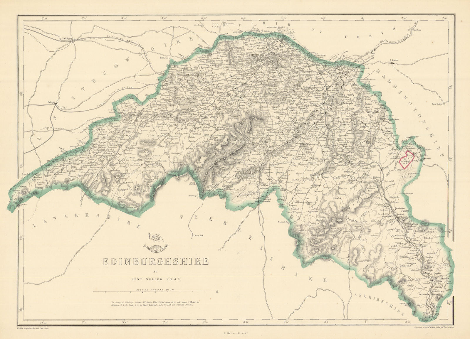 'Edinburghshire'. Midlothian. By EDWARD WELLER for the Dispatch Atlas 1863 map